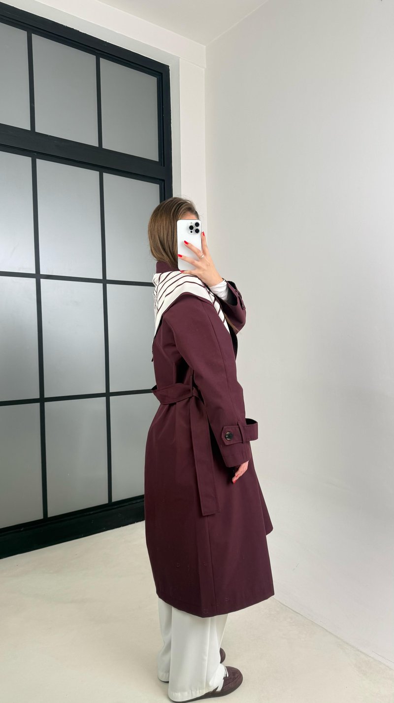 Bordo Fular Detaylı Kuşaklı Tasarım Trençkot GAUS-00515