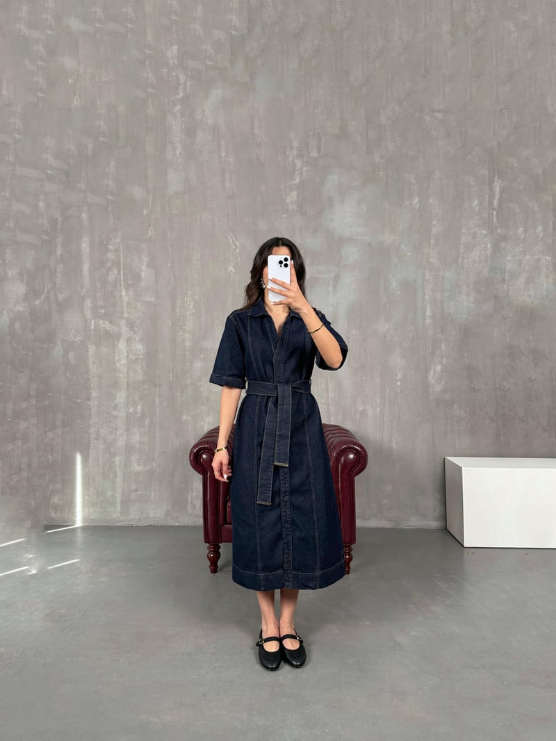 Nise Lacivert Çıtçıt Düğmeli Kuşaklı Denim Elbise