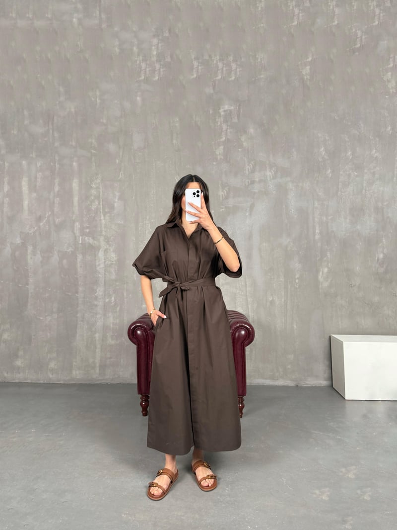 Kahve Cepli Önü Düğmeli Kuşaklı Elbise Gaus00257