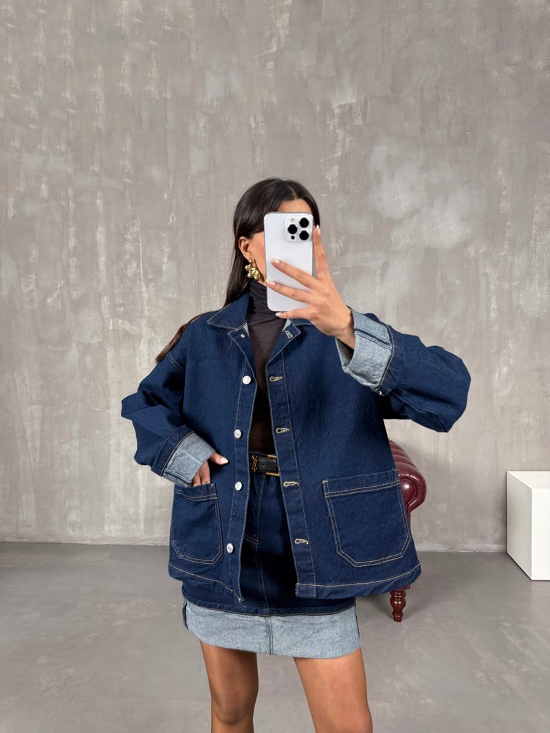 Rosina Lacivert Gömlek Etek Premium Denim Takım