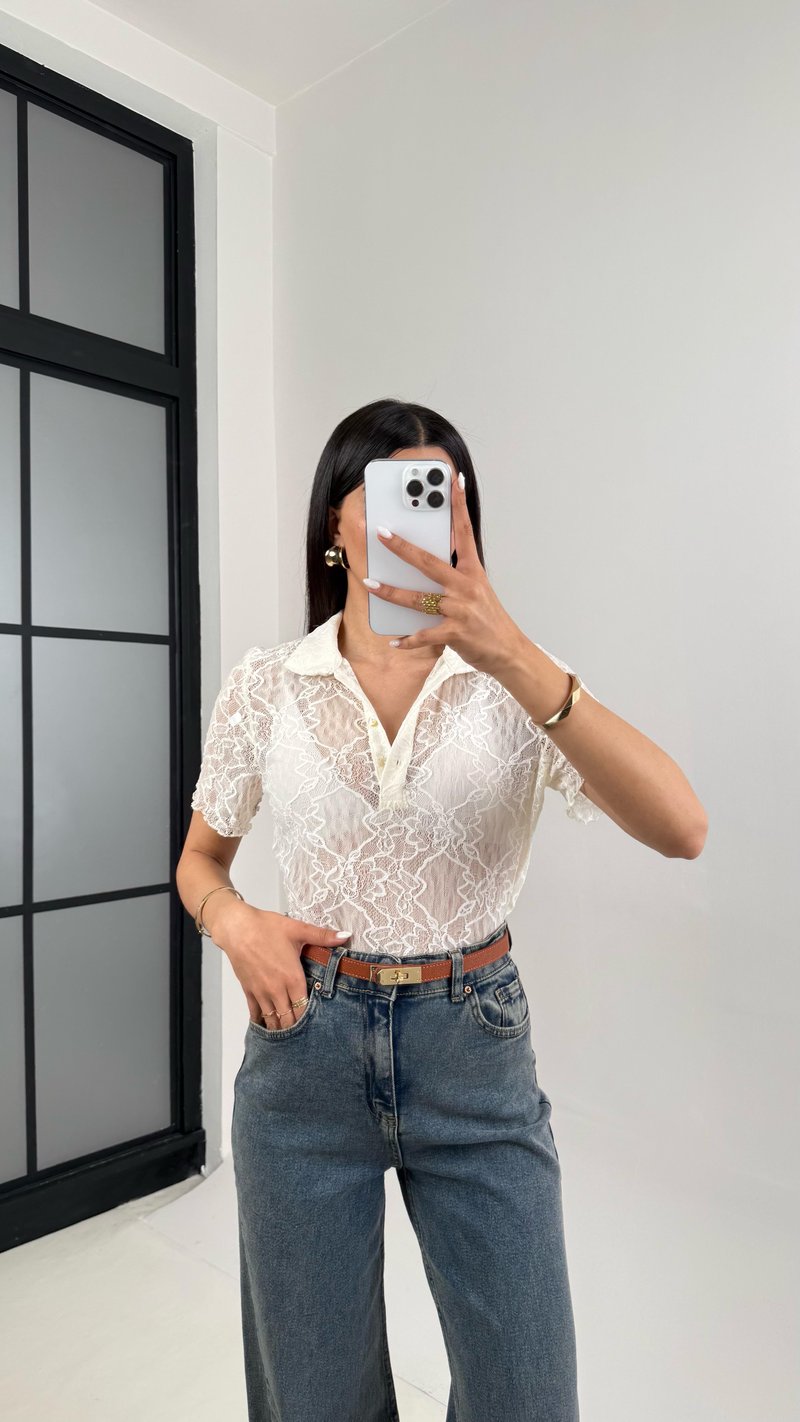 Beyaz Polo Yaka Dantelli Transparan Bluz Gaus00448