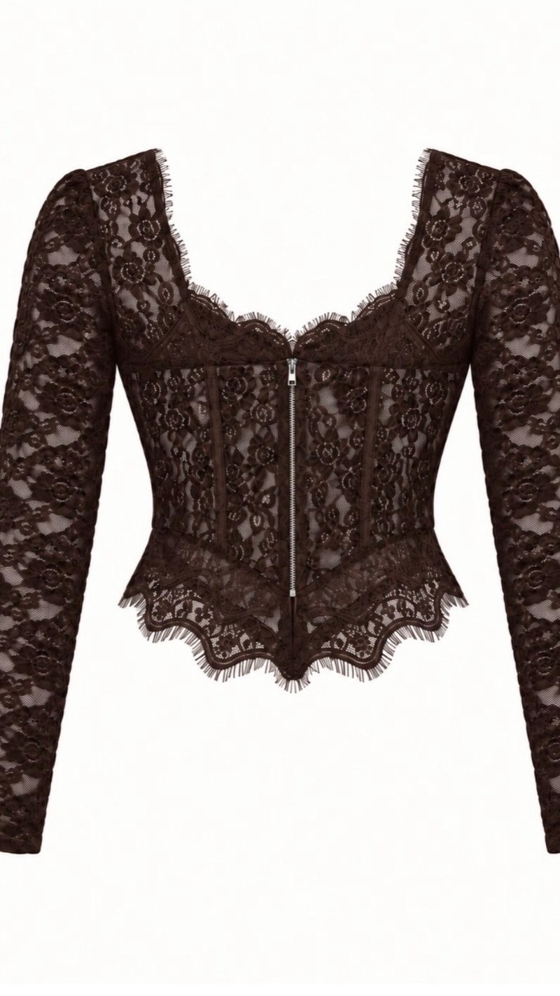 Acı Kahve Dantel Detaylı Premium Korse Bluz GAUS-02281