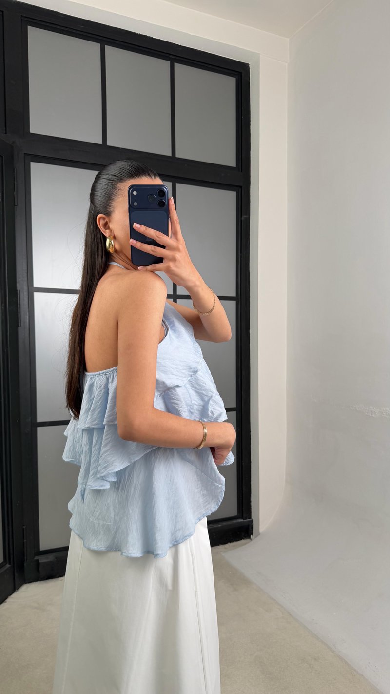 Mavi Boyundan Bağlamalı Fırfır Detaylı  Bluz GAUS-01465