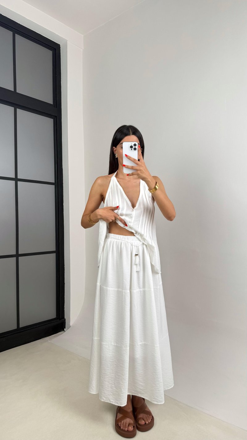 Beyaz V Yaka Sırt Dekolteli Bluz Beli Lastikli Etek Kırışık Tencel Kumaş Takım GAUS-0039