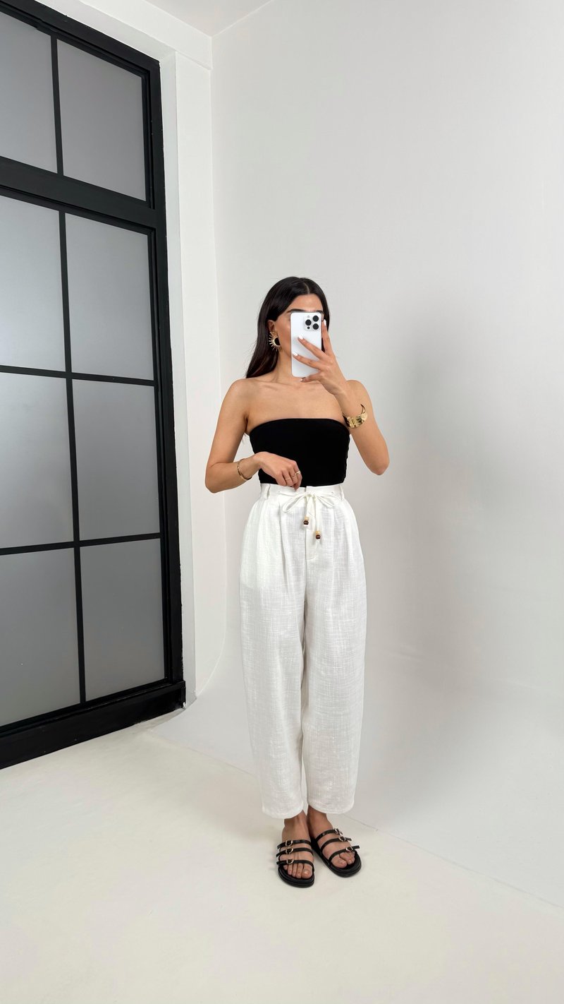 Beyaz Cepli Kuşaklı Balon Keten Pantolon Gaus00383