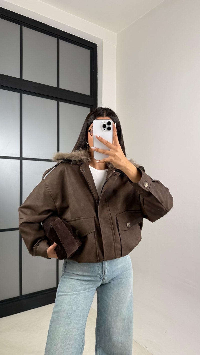 Kahve Çıkarılabilir Kürk Yaka Premium Süet Deri Mont GAUS-00500