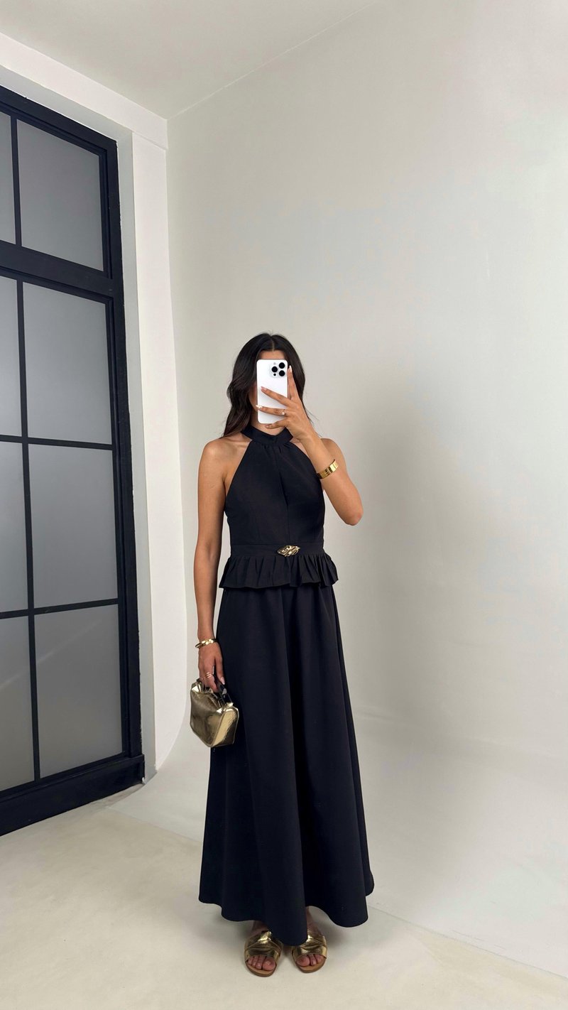 Siyah Gold Toka Detaylı Bluz Beli Lastikli Etek İkili Takım Gaus00678