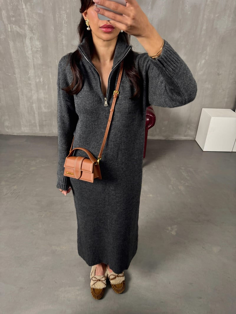 Saja Antrasit Fermuarlı Yumuşak Triko Elbise