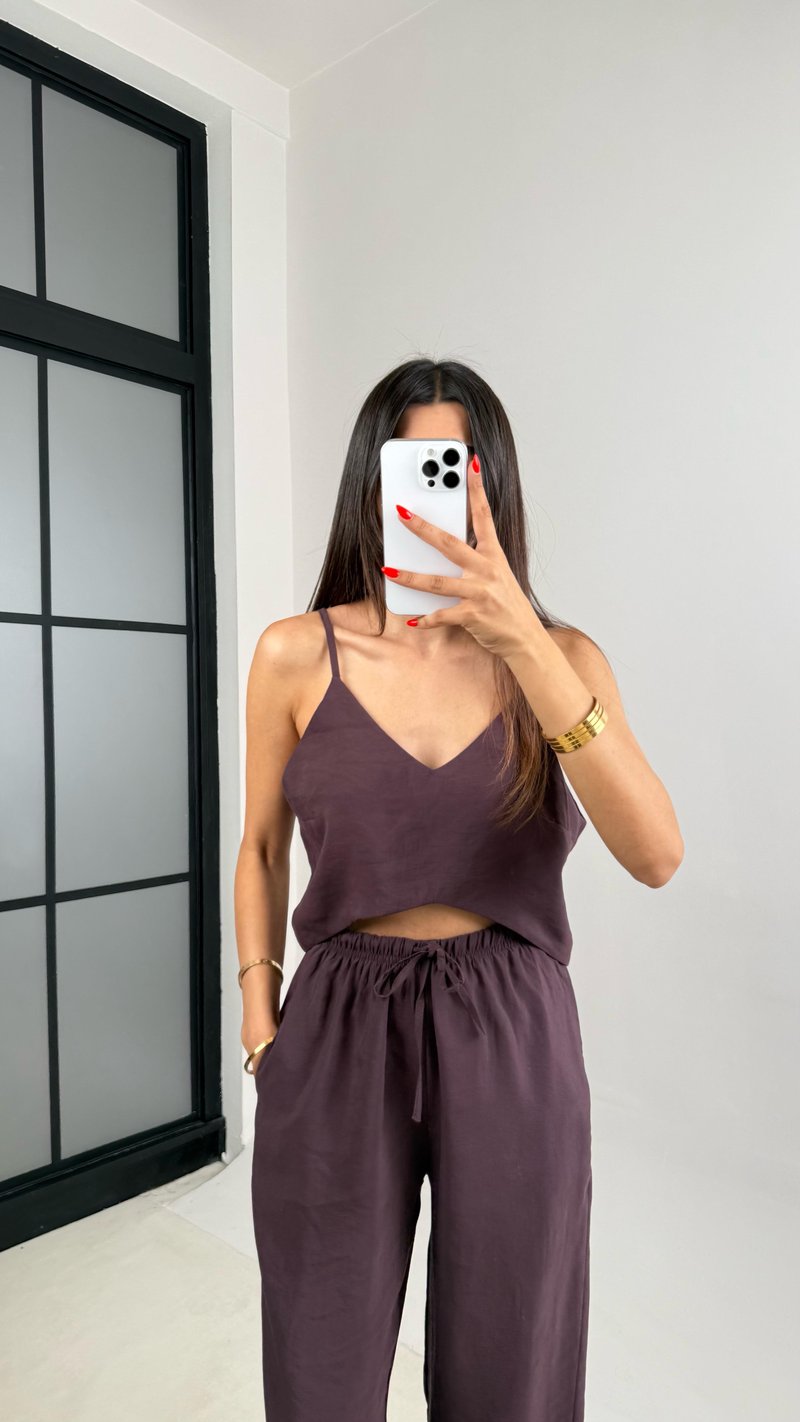 Mürdüm Ayarlanabilir Askılı Bluz Beli Lastikli Pantolon Tencel Takım GAUS-0015