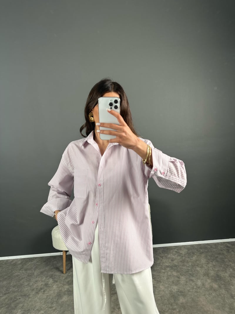 Sonho Pembe İnce Çizgili Oversize Gömlek