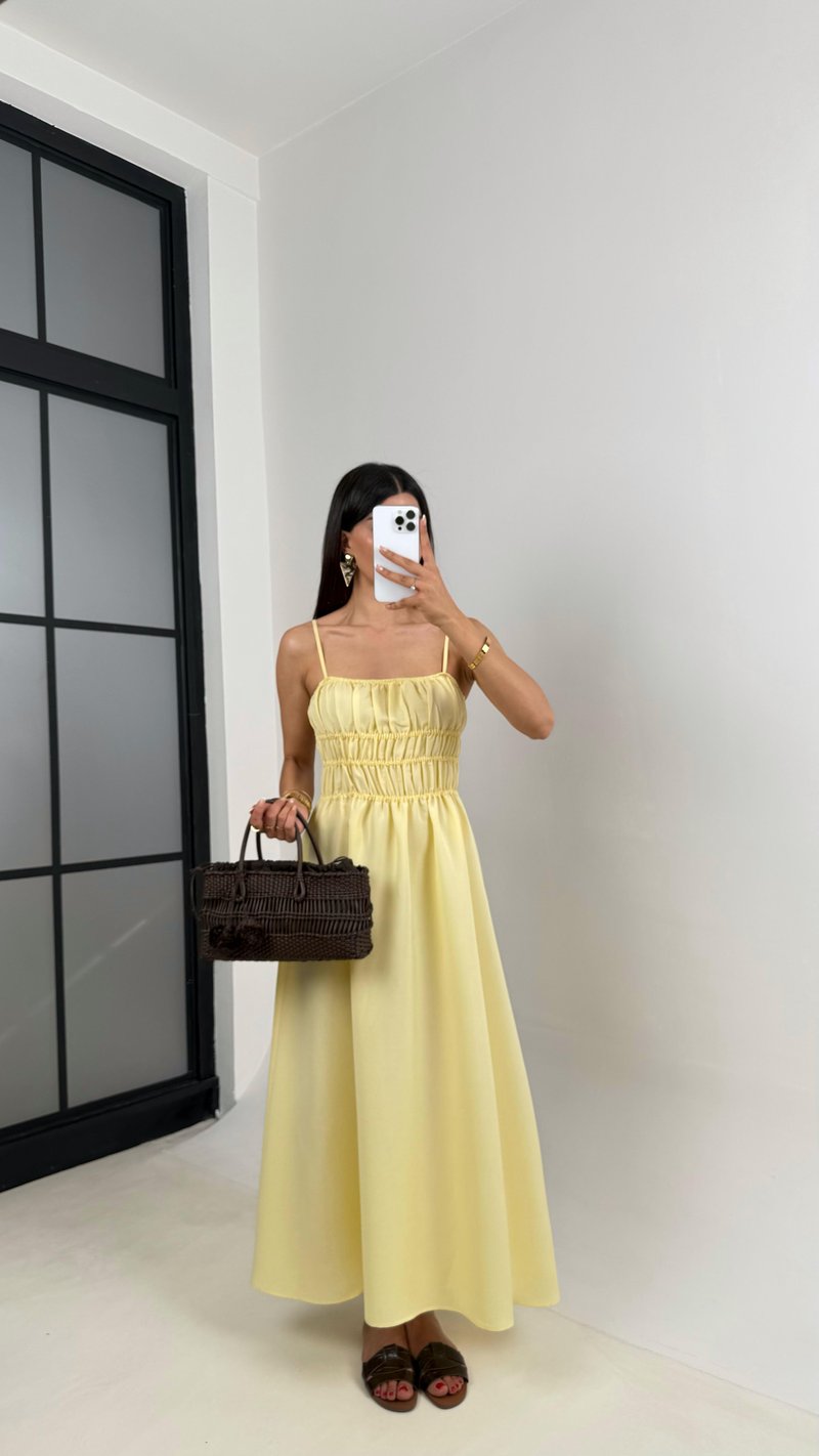 Sarı Ayarlanabilir Askılı Gipeli MD Muadil Tencel Elbise Gaus00617