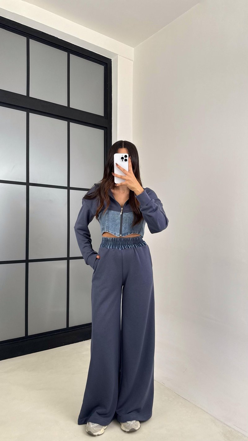 Antrasit Denim Detaylı Kapüşonlu Hırka Beli Lastikli Pantolon Tasarım Takım GAUS-00444