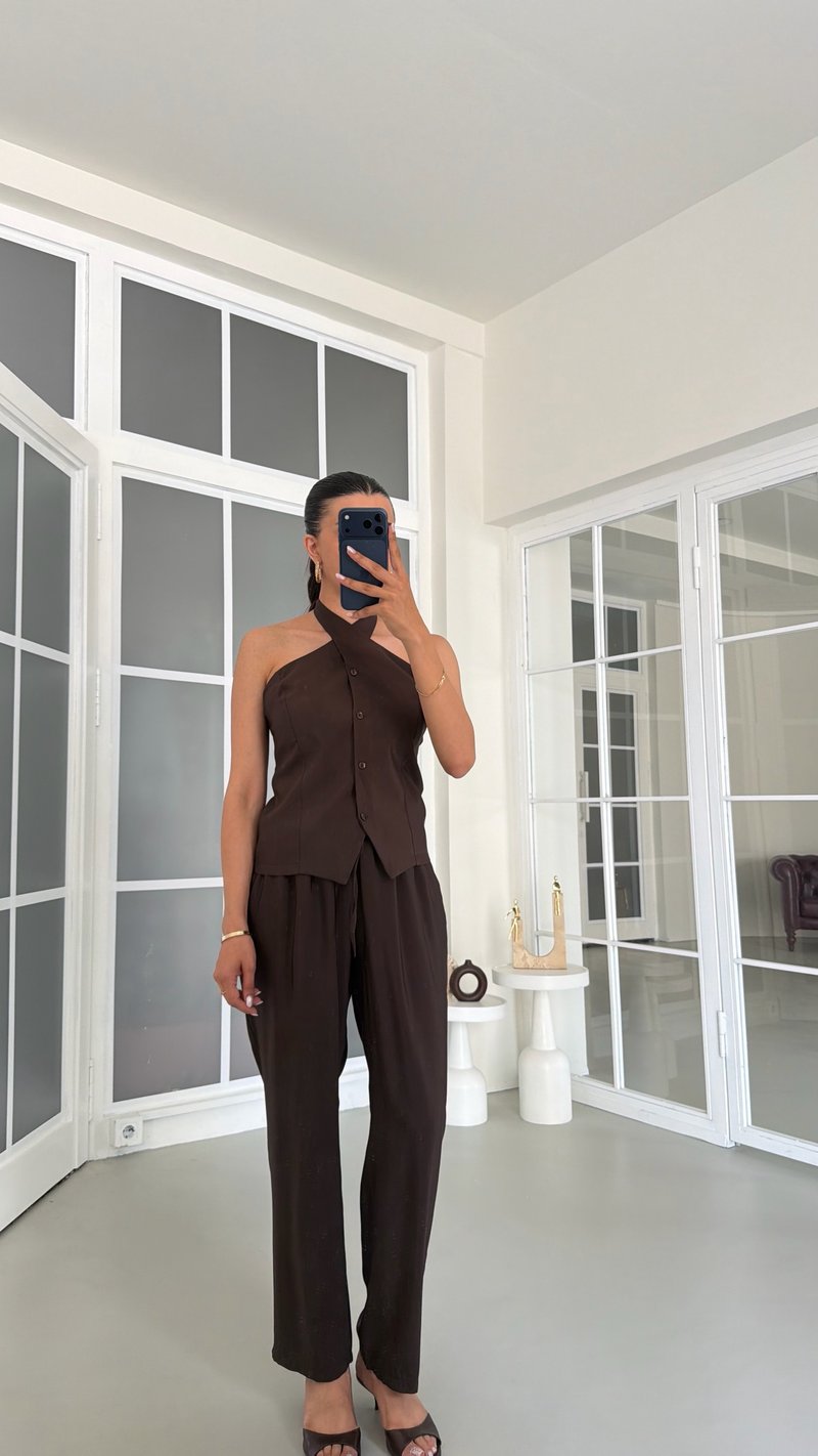 Acı Kahve Halter Yaka Yelek Beli Lastikli Pantolon Muadil Takım GAUS-01770