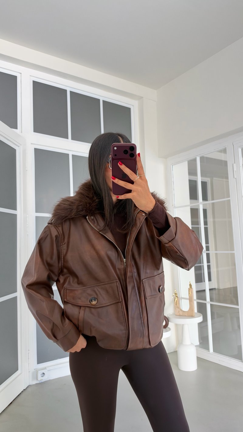 Kahve Astarlı Kürk Yakalı Deri Ceket GAUS-02137