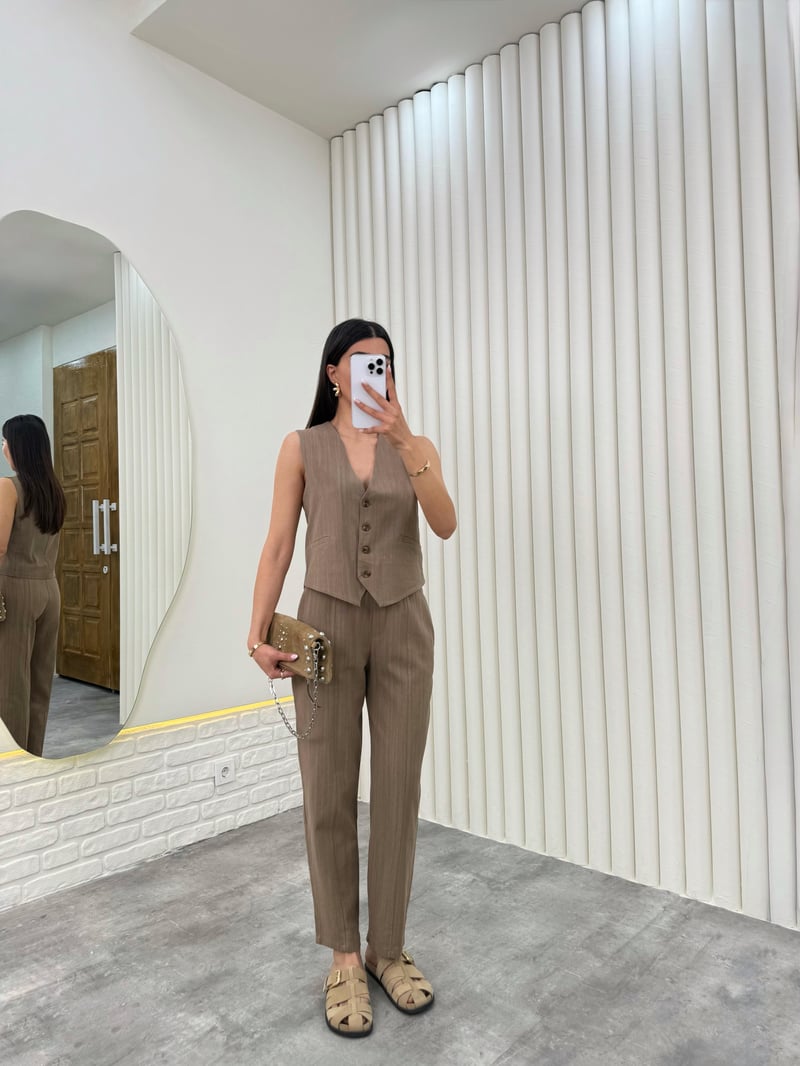 Kahve Yelekli Beli Lastikli Pantolon İkili Keten Takım Gaus00276