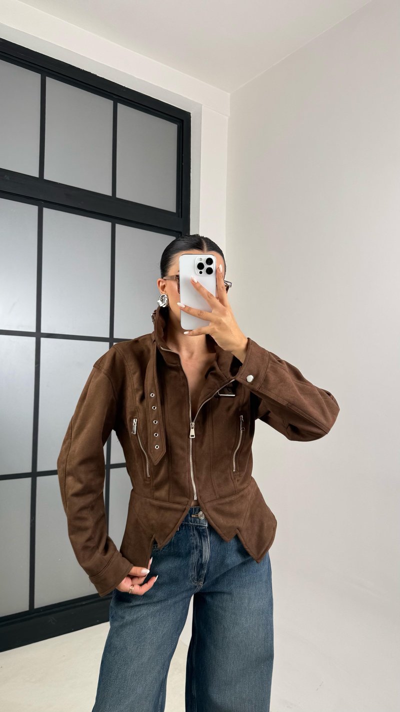 Kahve Dik Yaka Kemer Detaylı Premium Süet Ceket GAUS-00519