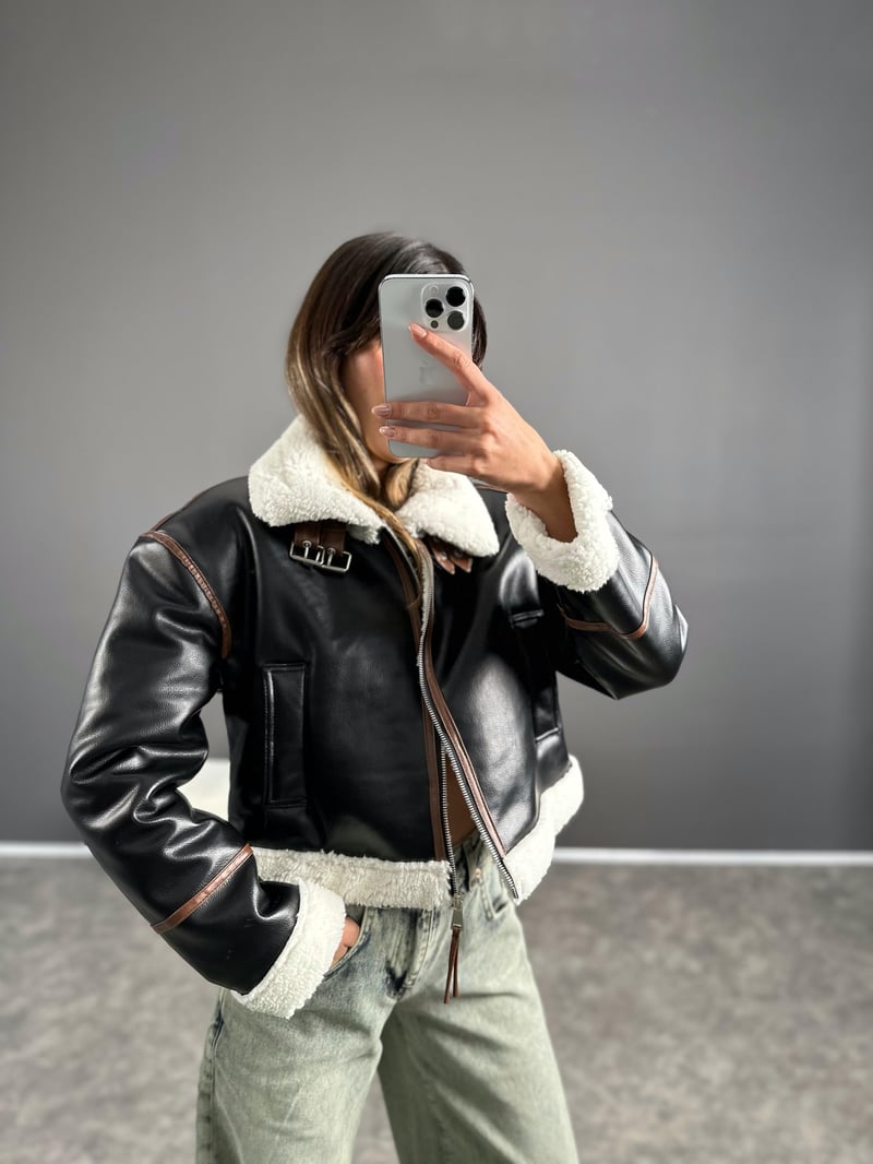 Jaden Siyah Deri Kürklü Biker Mont 