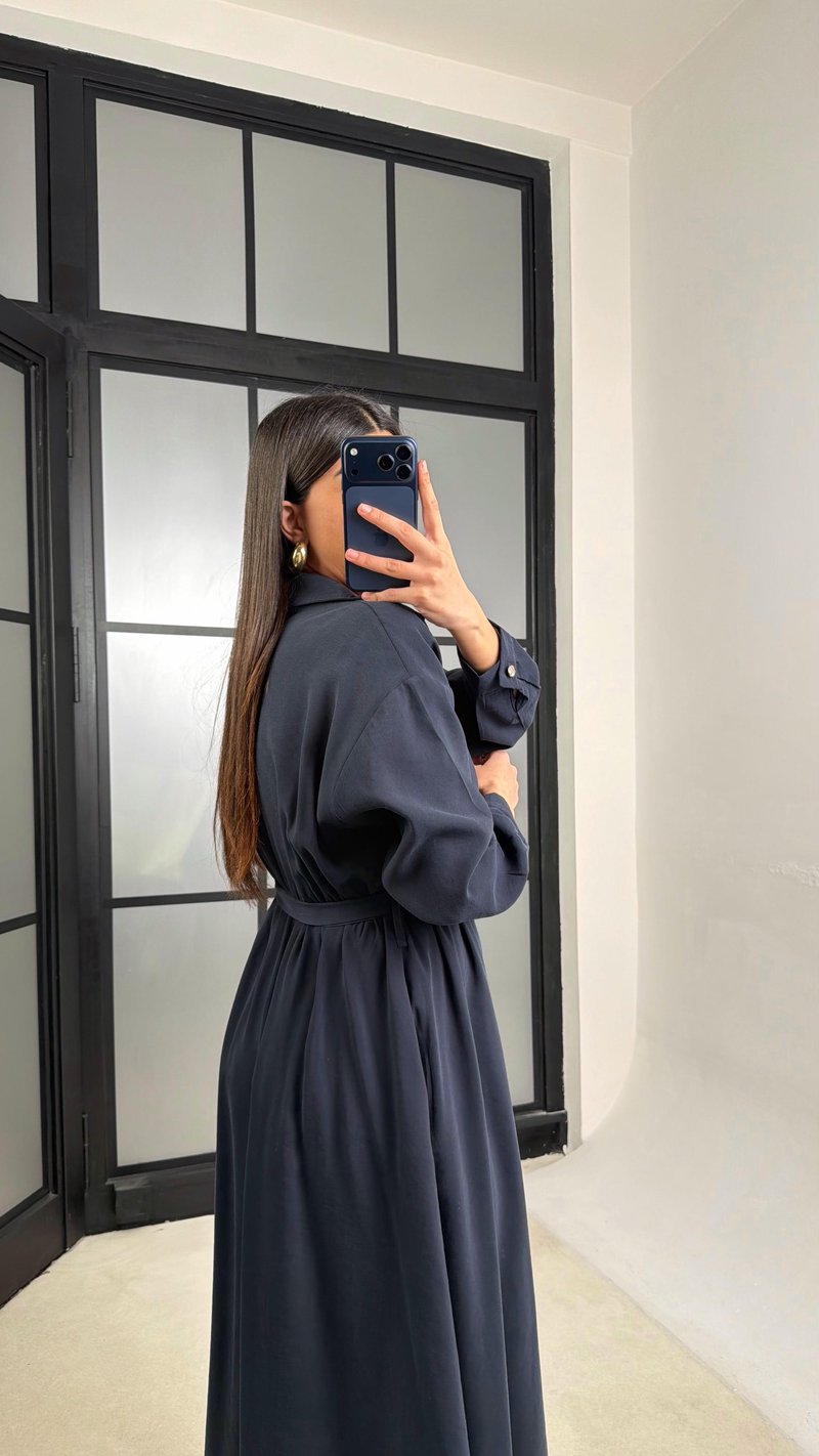 Lacivert Beli Lastikli Kuşaklı Tencel Elbise GAUS-01286