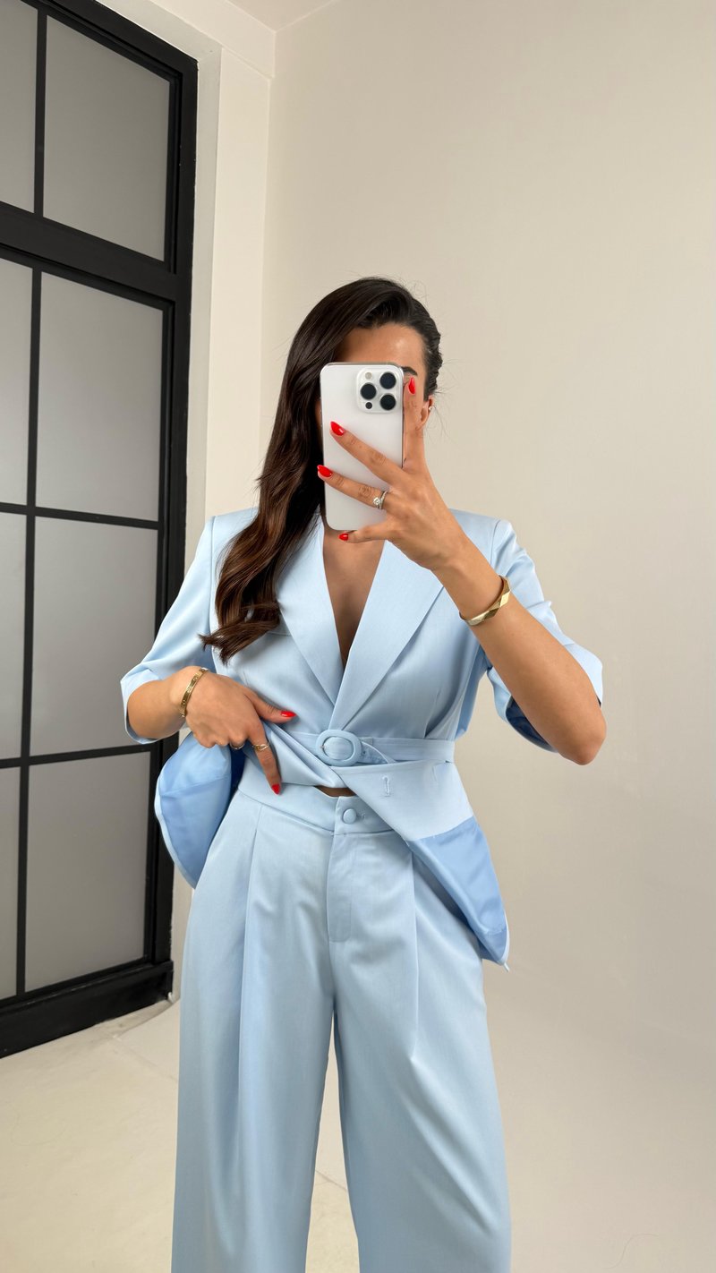 Mavi Yarım Kol Astarlı Vatkalı Kemerli Ceket Pantolon İkili Premium Takım Gaus00453