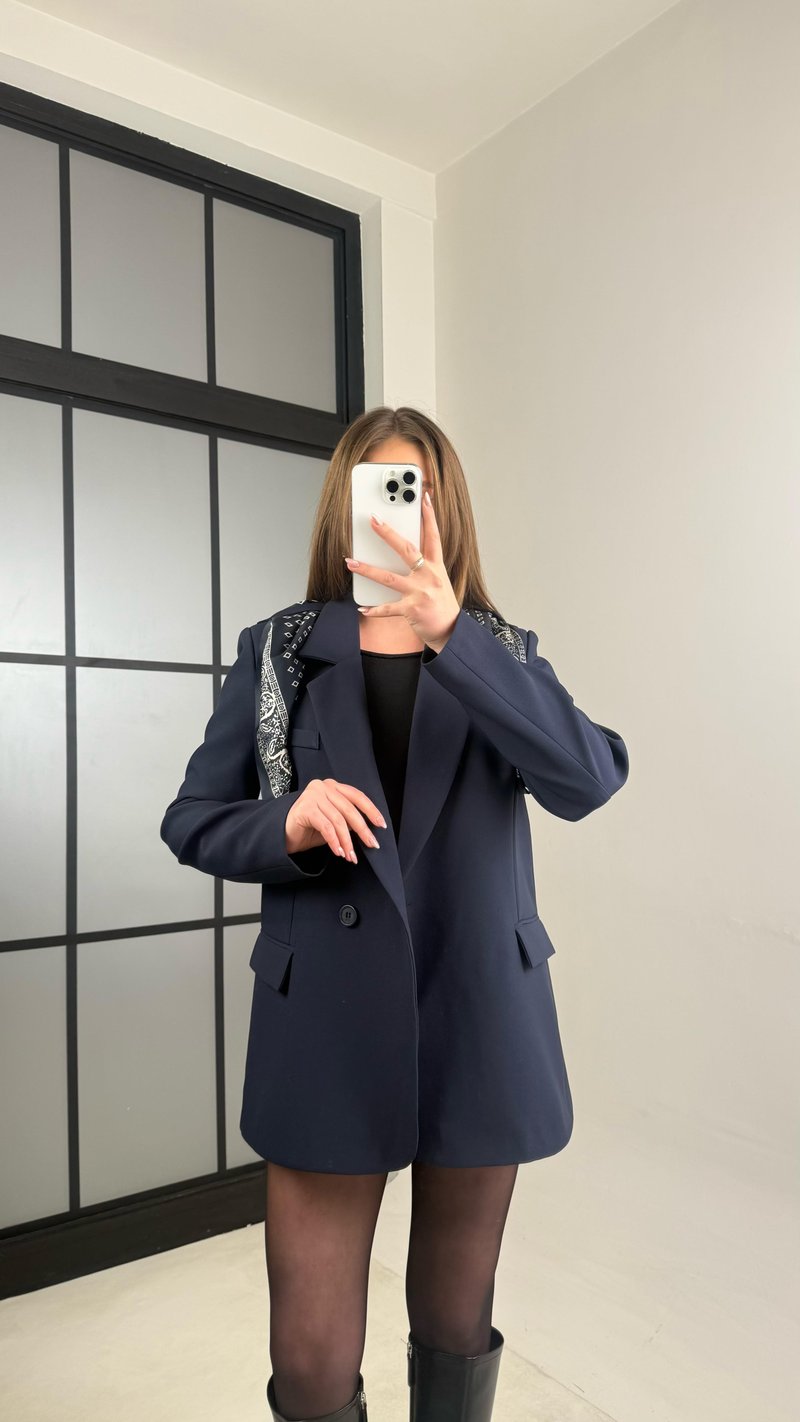 Lacivert Astarlı Vatkalı Fular Detaylı Blazer Ceket GAUS-00976