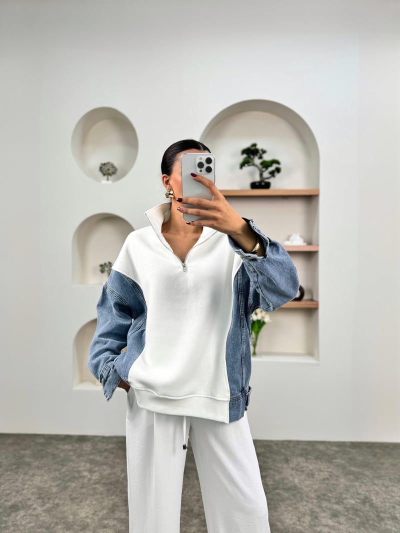 Mw Beyaz Denim Detaylı Fermuarlı Sweatshirt