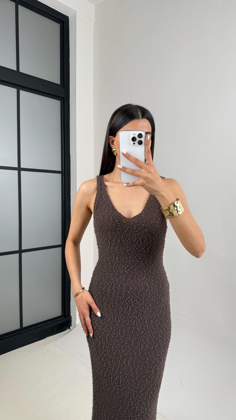 Kahve V Yaka Askılı Triko Elbise Gaus00412