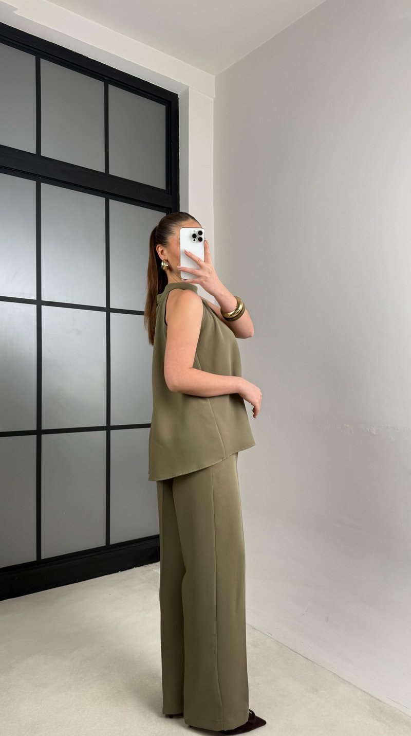 Haki Sıfır Kol Bluz Beli Lastikli Pantolon İkili Premium Takım GAUS-00984