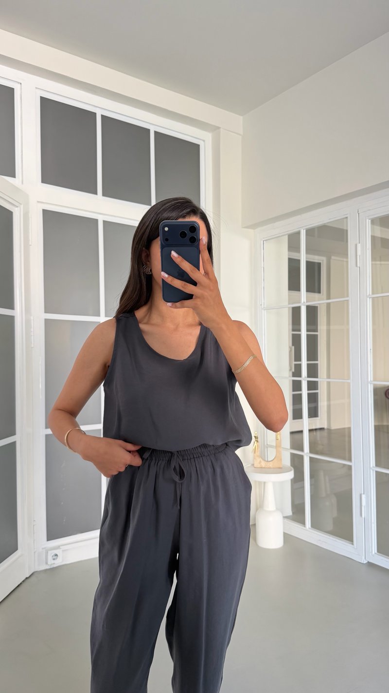 Antrasit Bluz Beli Lastikli Pantolon İkili Tencel Takım GAUS-01769