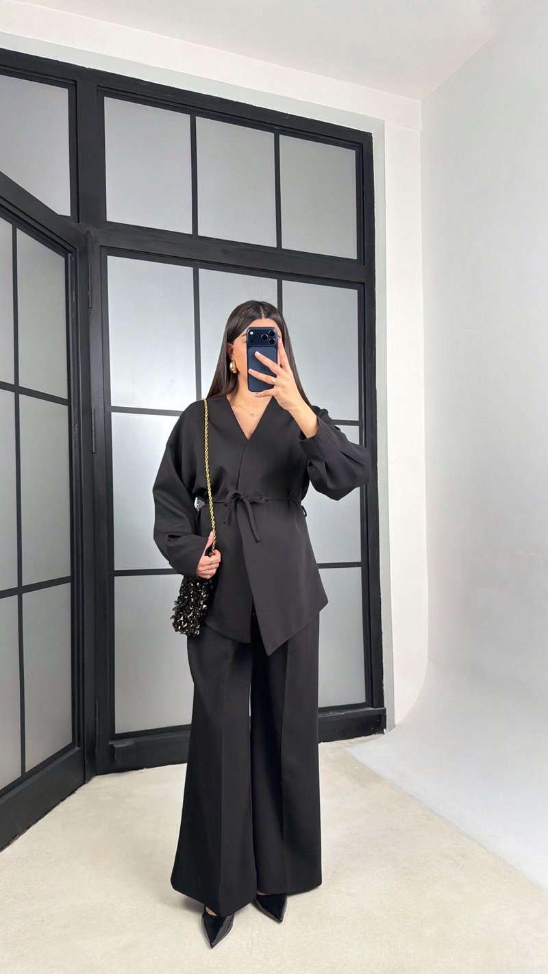 Siyah Belden Kuşaklı Ceket Beli Lastikli Pantolon İkili Takım GAUS-01206