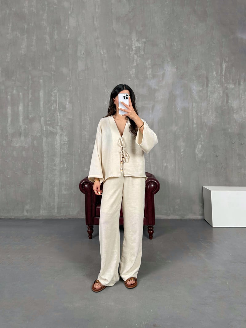 Taş Önden Bağlamalı Keten Kimono Takım Gaus00101