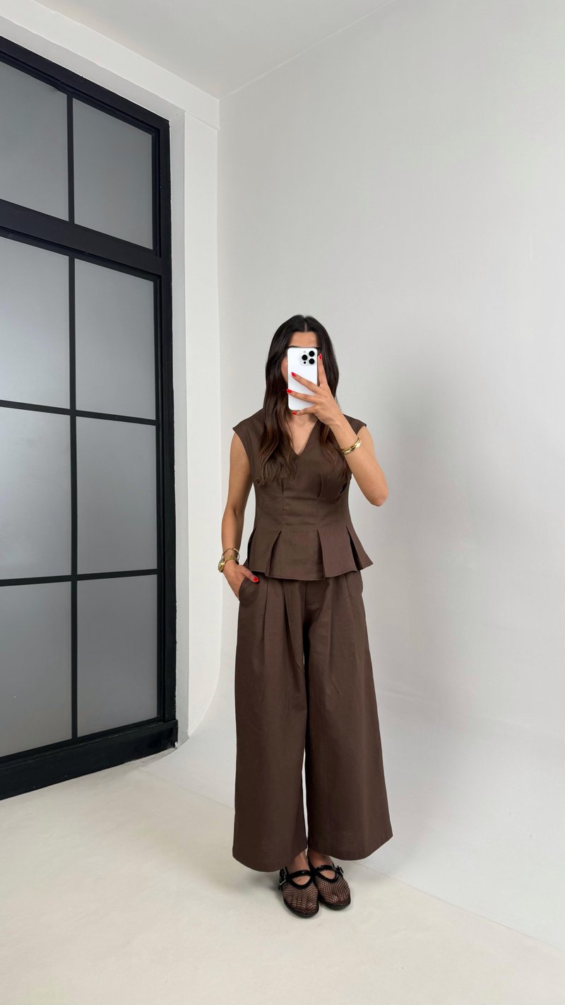 Acı Kahve V Yaka Bluz Cepli Pantolon % 100 Ham Keten Takım Gaus00483 