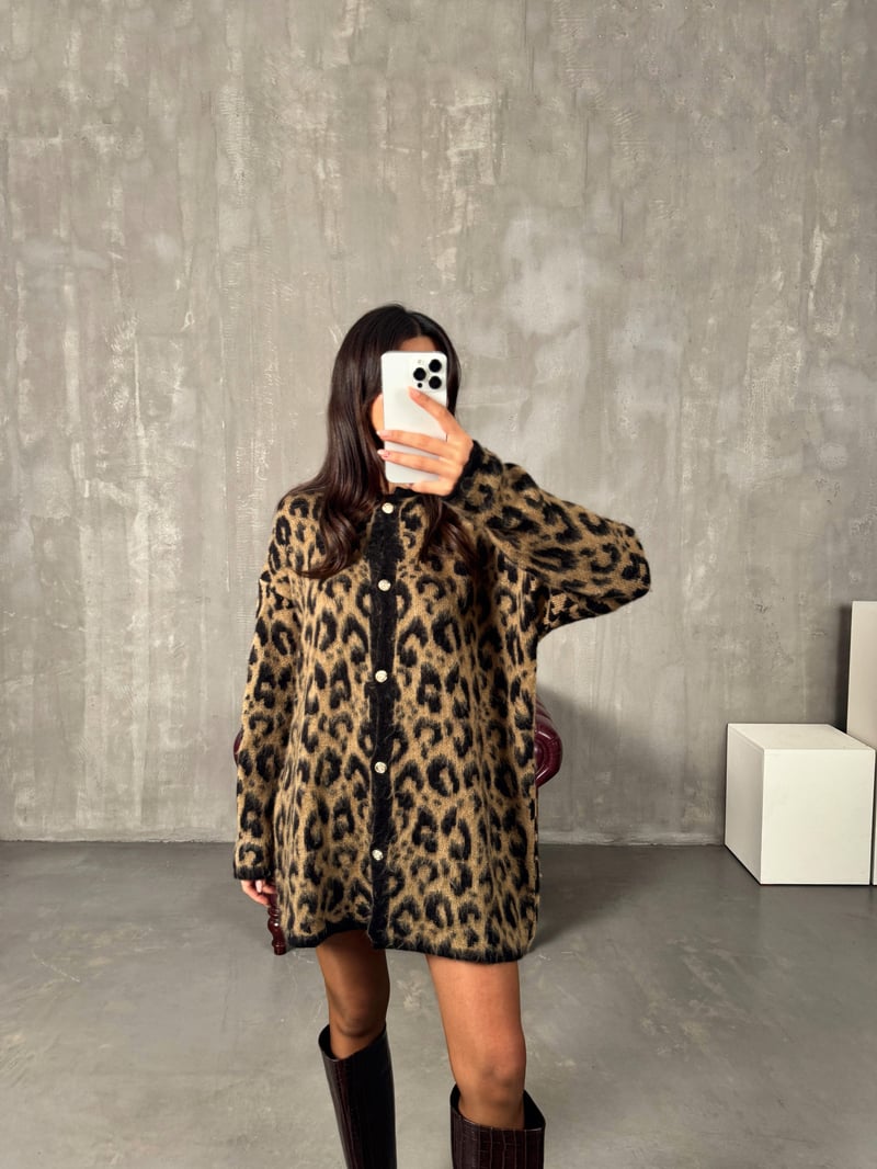 Wud Kahve Leopar Desenli Hırka