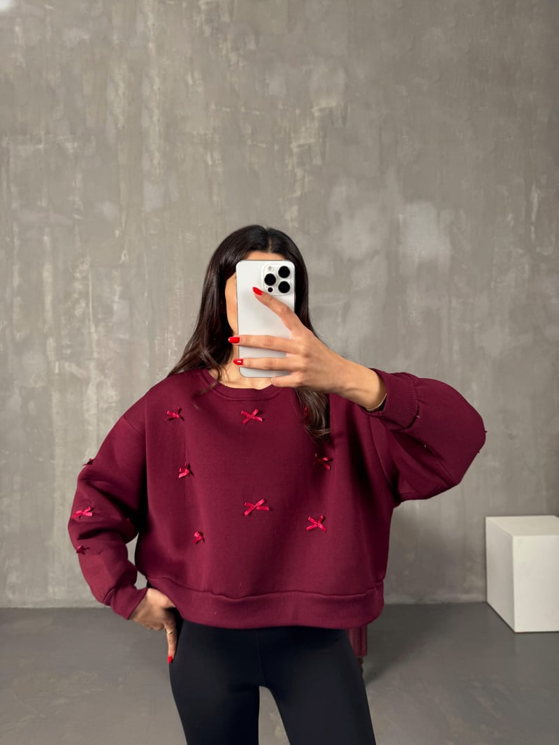 Bordo Fiyonk Detaylı Şardonlu Sweat