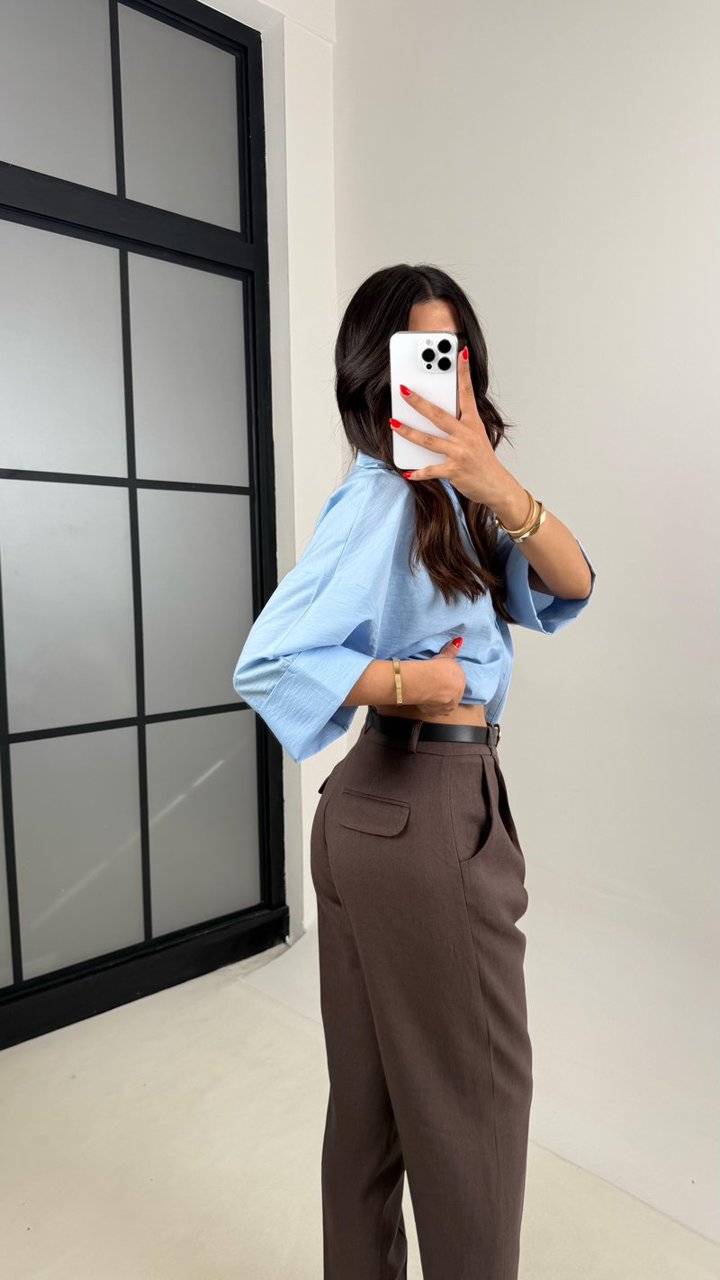 Kahve  Kemerli Cepli Premium Keten Pantolon Gaus00513