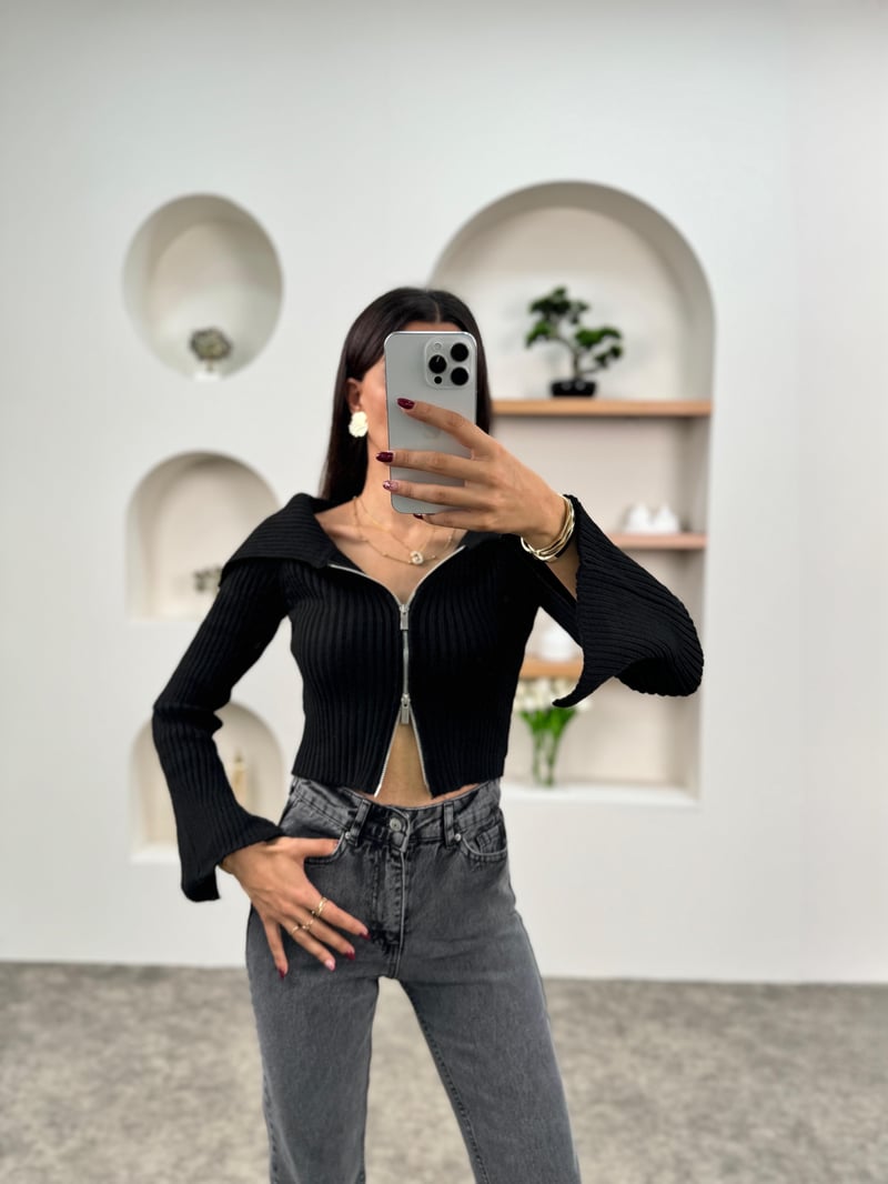 Brook Siyah Fitilli Fermuarlı Crop Hırka