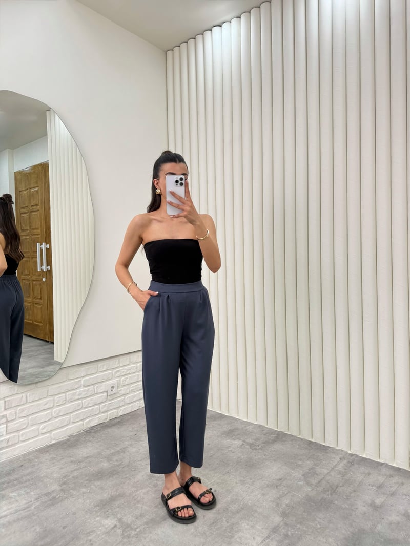 Antrasit  Beli Lastikli Cepli Harem Pantolon Gaus00308