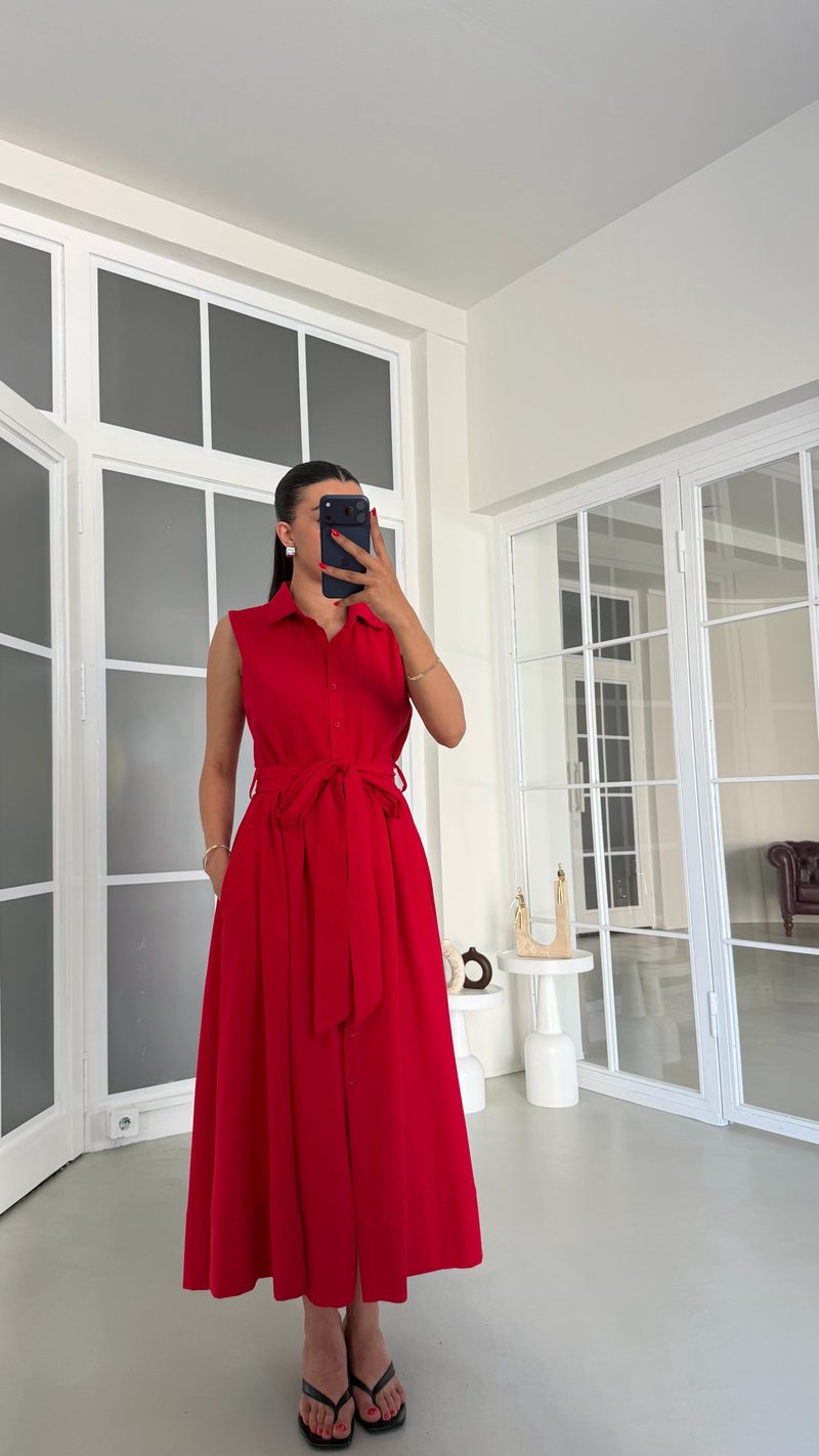 Kırmızı Sıfır Kol Kuşaklı Keten Elbise GAUS-01832