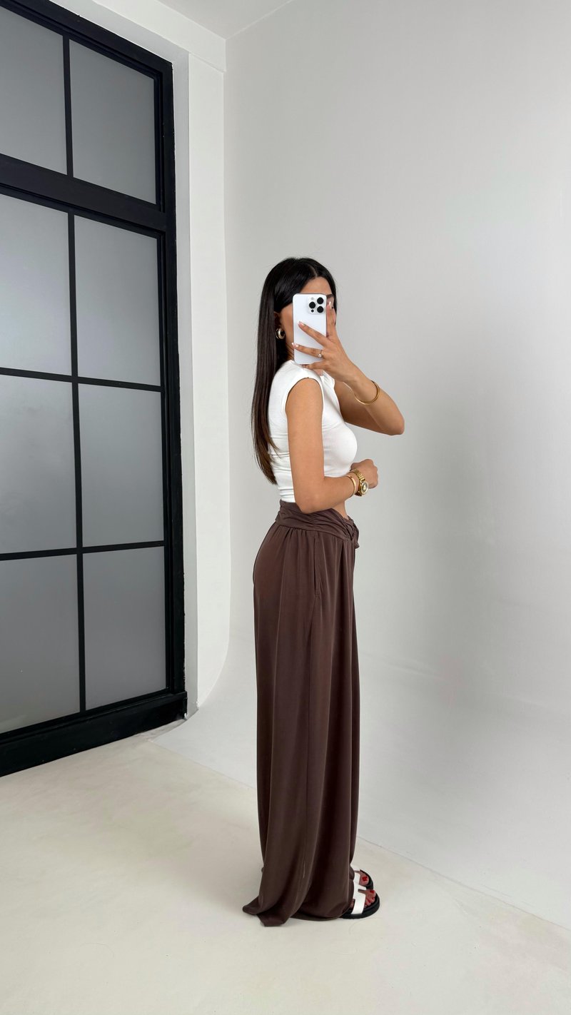 Kahve Beli Çapraz Lastikli Bol Paça Oys Muadil Pantolon Gaus00607
