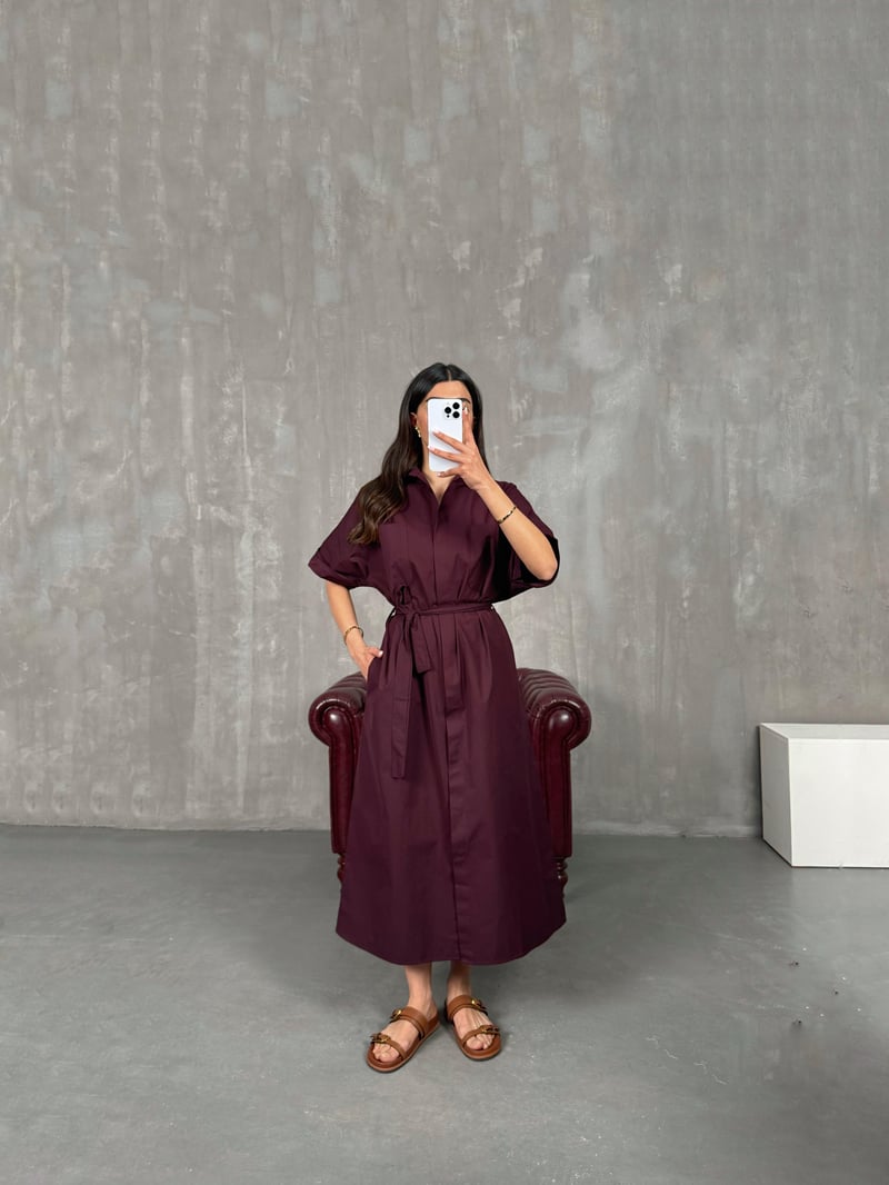 Bordo Cepli Önü Düğmeli Kuşaklı Elbise Gaus00257