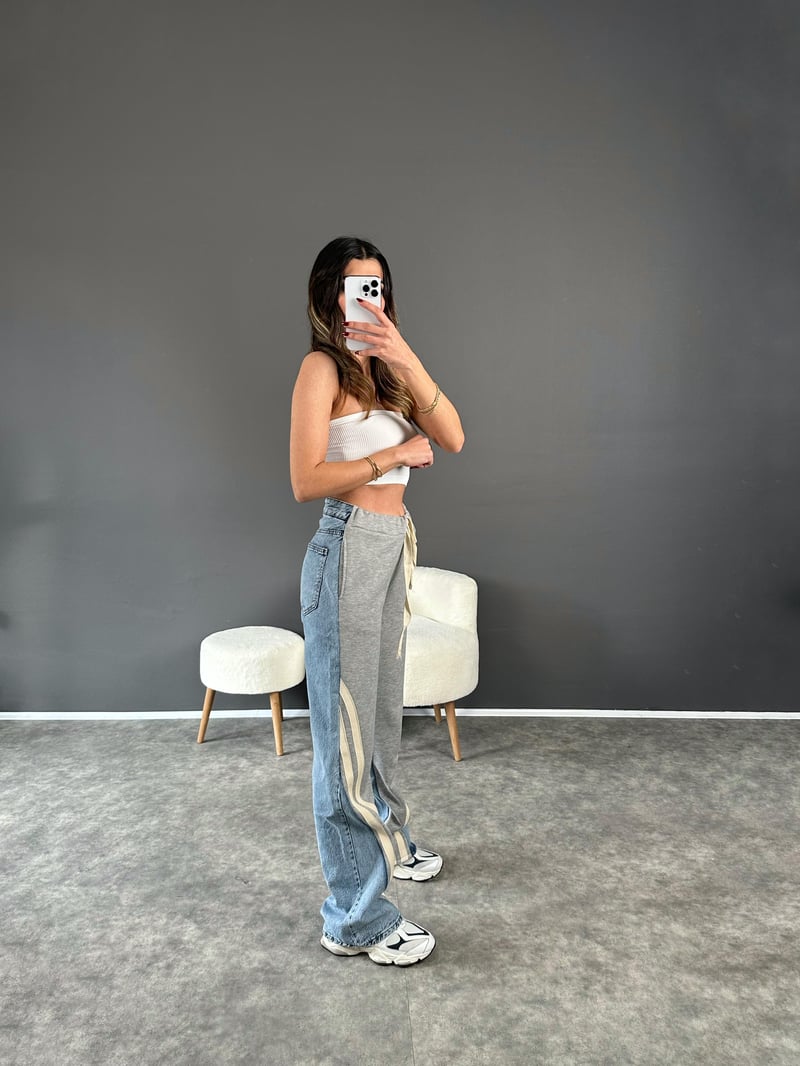 Premium Gri Jean Şerit Detaylı Pantolon