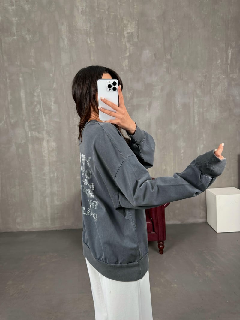 Kate Antrasit Yıkamalı Taşlı Oversize Sweat