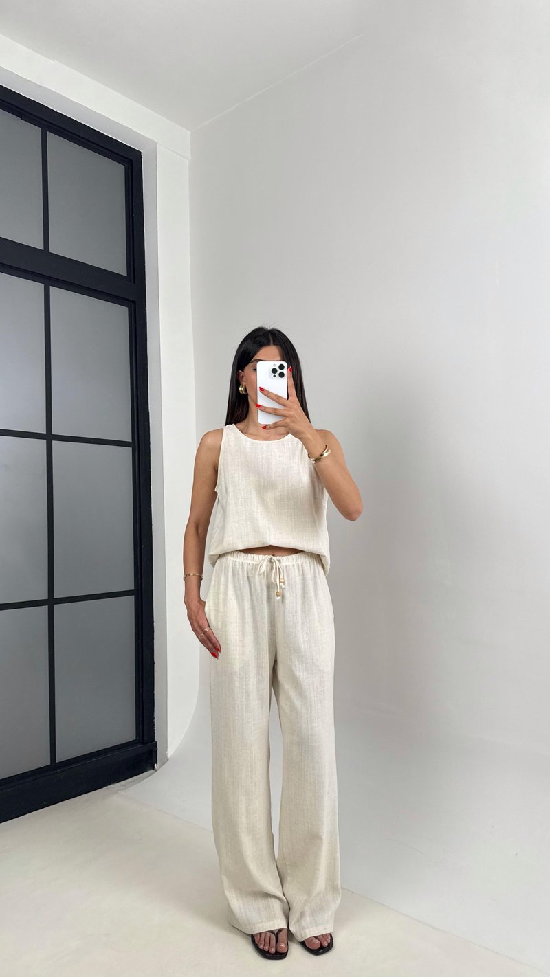 Taş Sıfır Kol Bluz Beli Lastikli Pantolon Md Muadil Keten Takım Gaus00495 