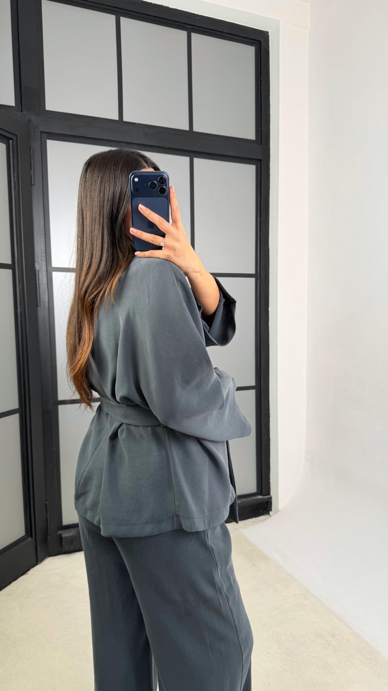 Antrasit Kuşaklı Ceket Beli Lastikli Pantolon Tencel Takım GAUS-01128