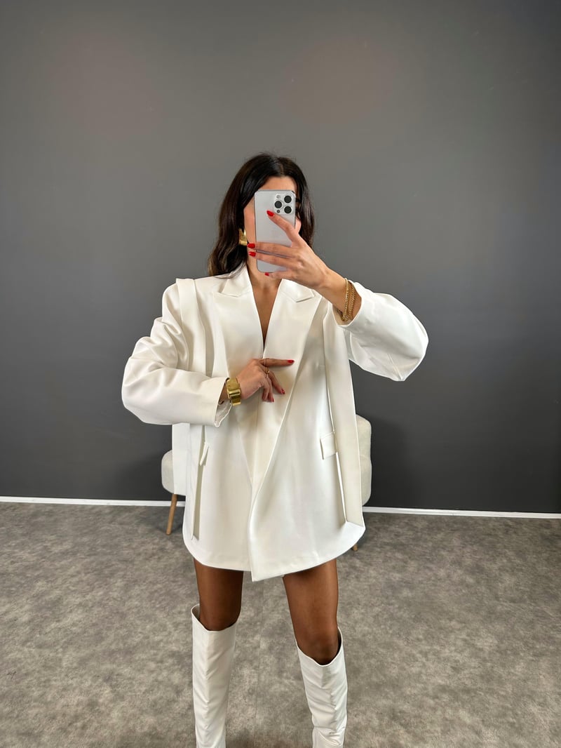 Marisol Premium Beyaz Bağlamalı Astarlı Blazer Ceket