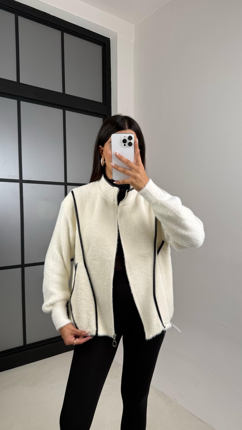 Ekru Deri Şeritli Dik Yaka Premium Ceket GAUS-00148