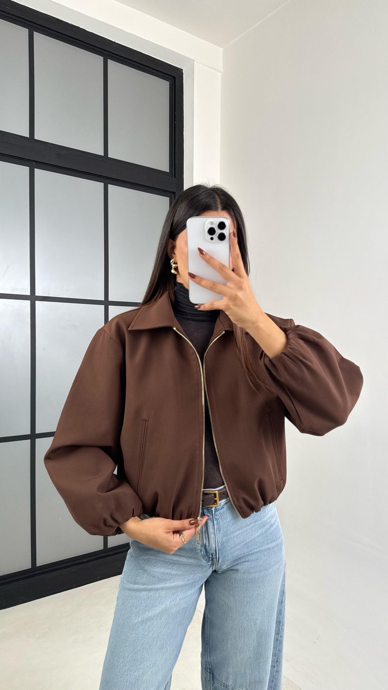 Acı Kahve Astarlı Cepli Duble Kumaş Bomber Ceket GAUS-00155