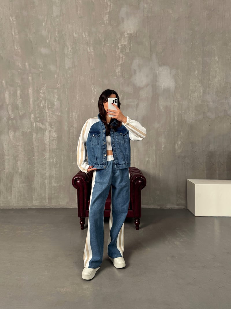 Gong Beyaz Denim Karışımlı Şeritli Takım