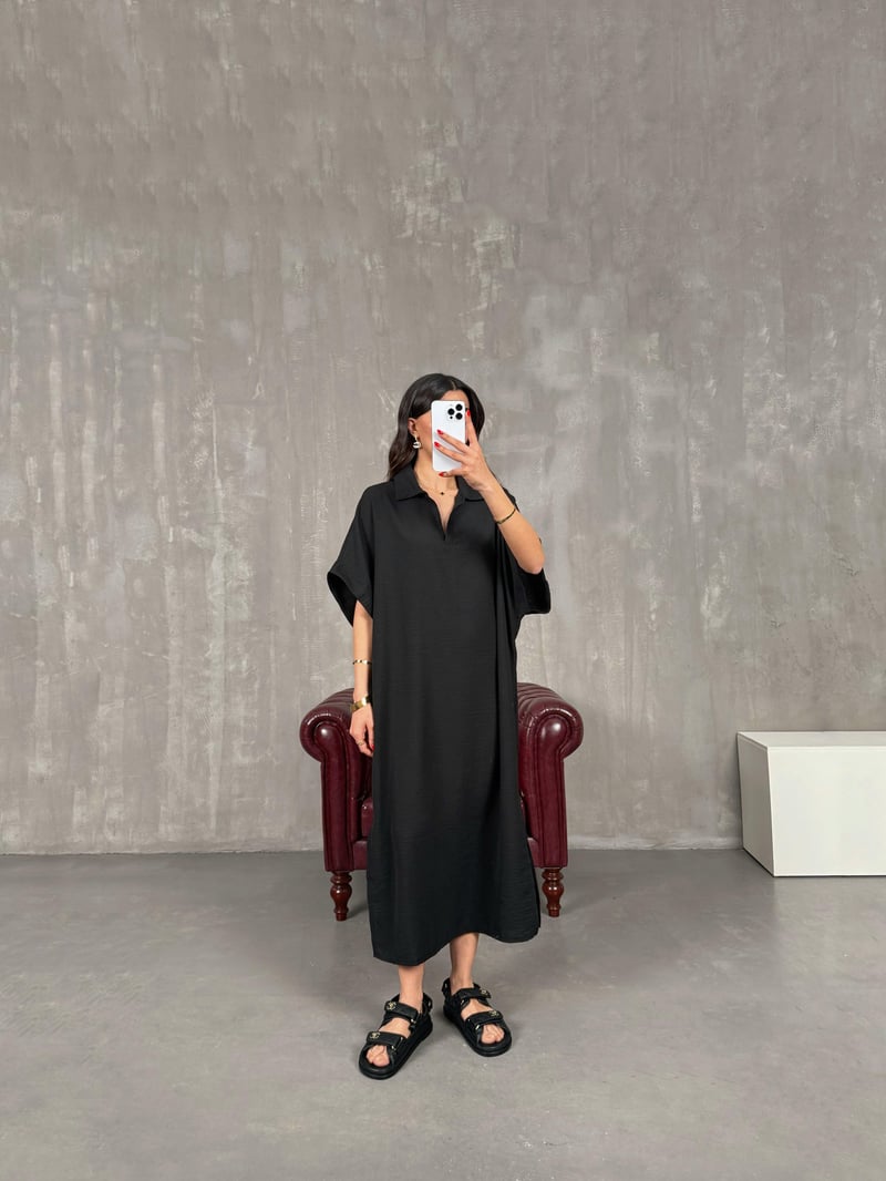 Black V Polo Collar Side Slit Linen Dress Gaus00164