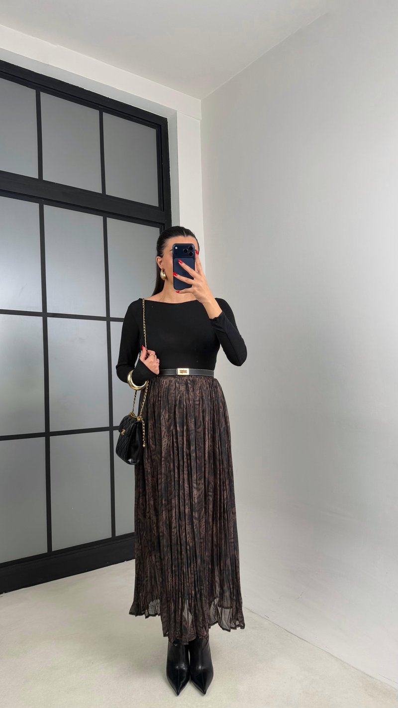 Kahve Desenli Beli Lastikli Yarım Astarlı Şifon Etek GAUS-00923