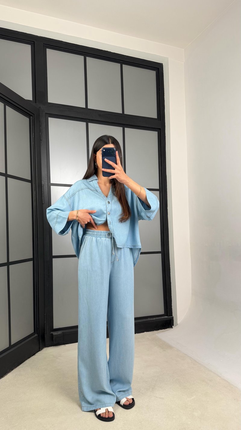 Mavi Yarasa Kol Gömlek Beli Lastikli Pantolon Tencel Takım GAUS-01444
